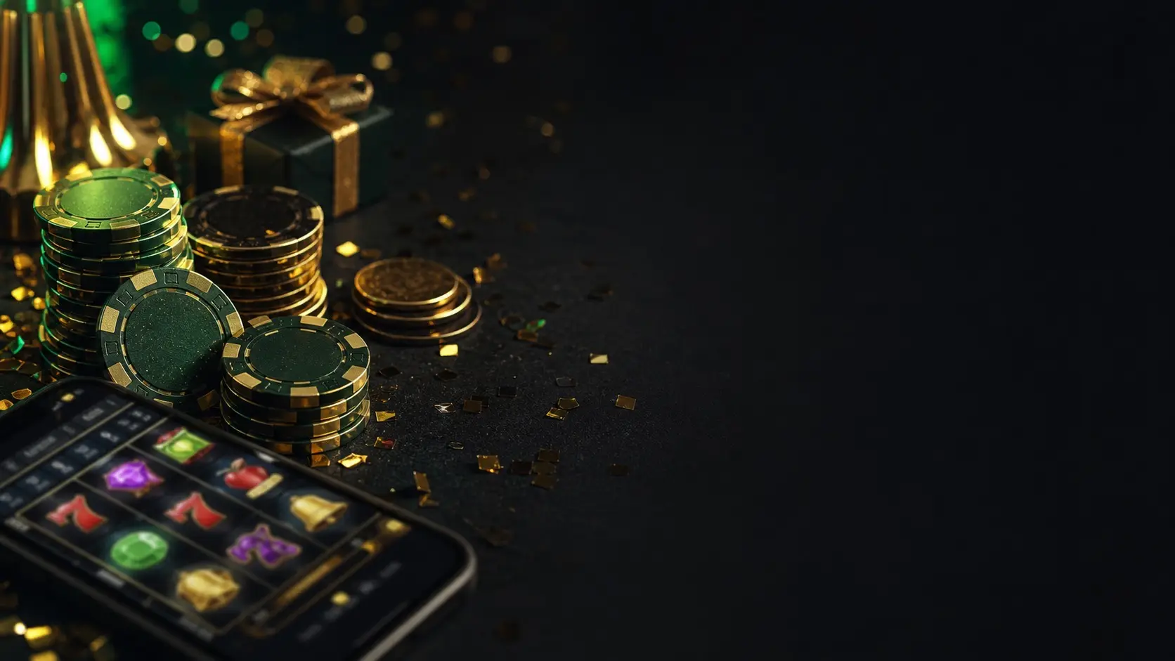 Casino bonus comparison scene with phone, offer cards and confetti